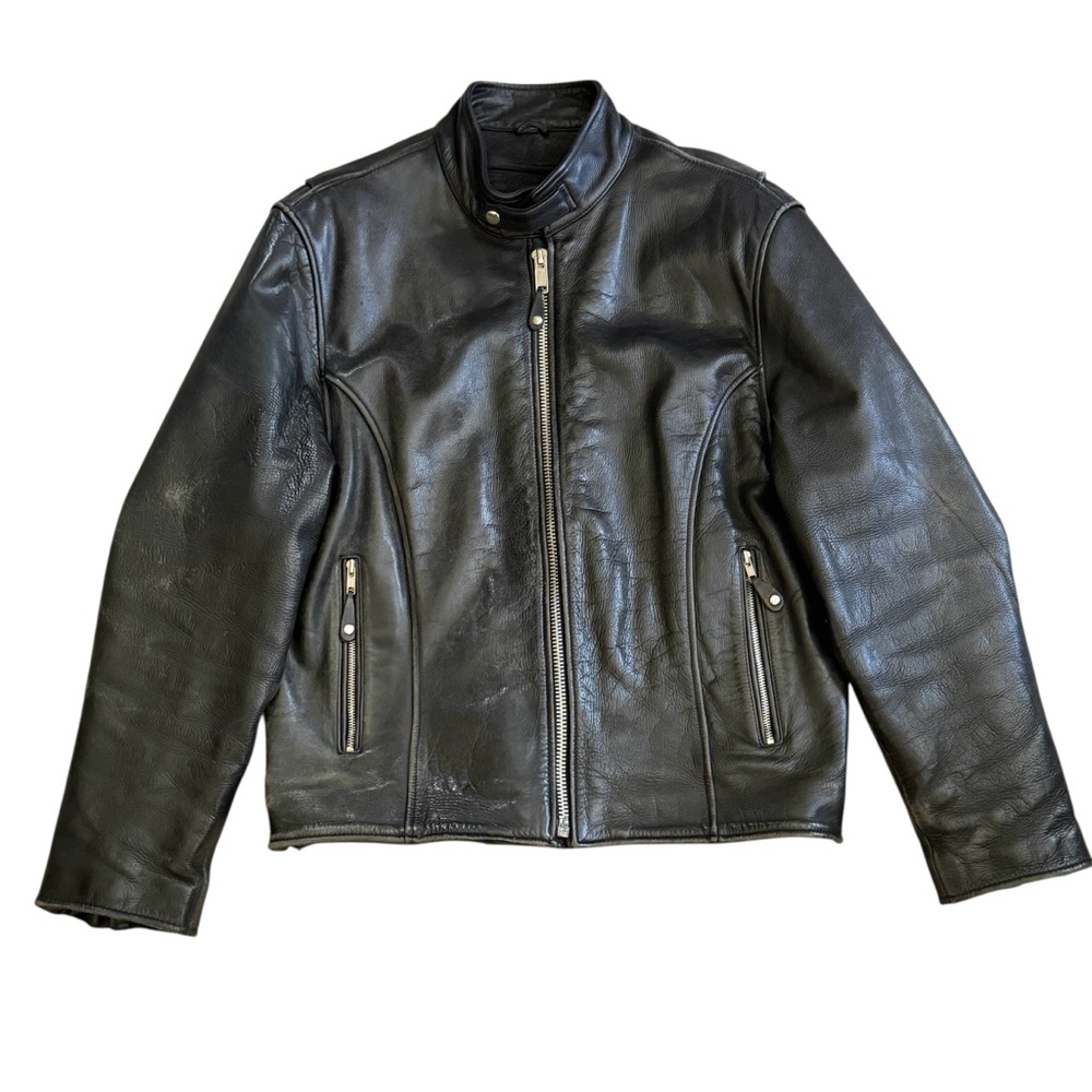 Vintage biker jacket genuine leather black distressed zip out liner heavy coat L